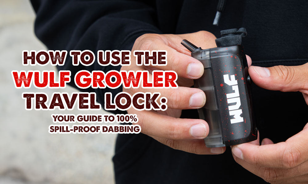 headline text on left of image with man hands holding Wulf Growler electronic dab rig in Black Red Spatter color-way on left side of screen
