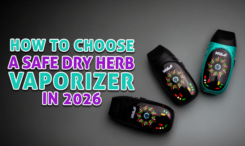 Wulf Faze Dry Herb vaporizers on black table with text