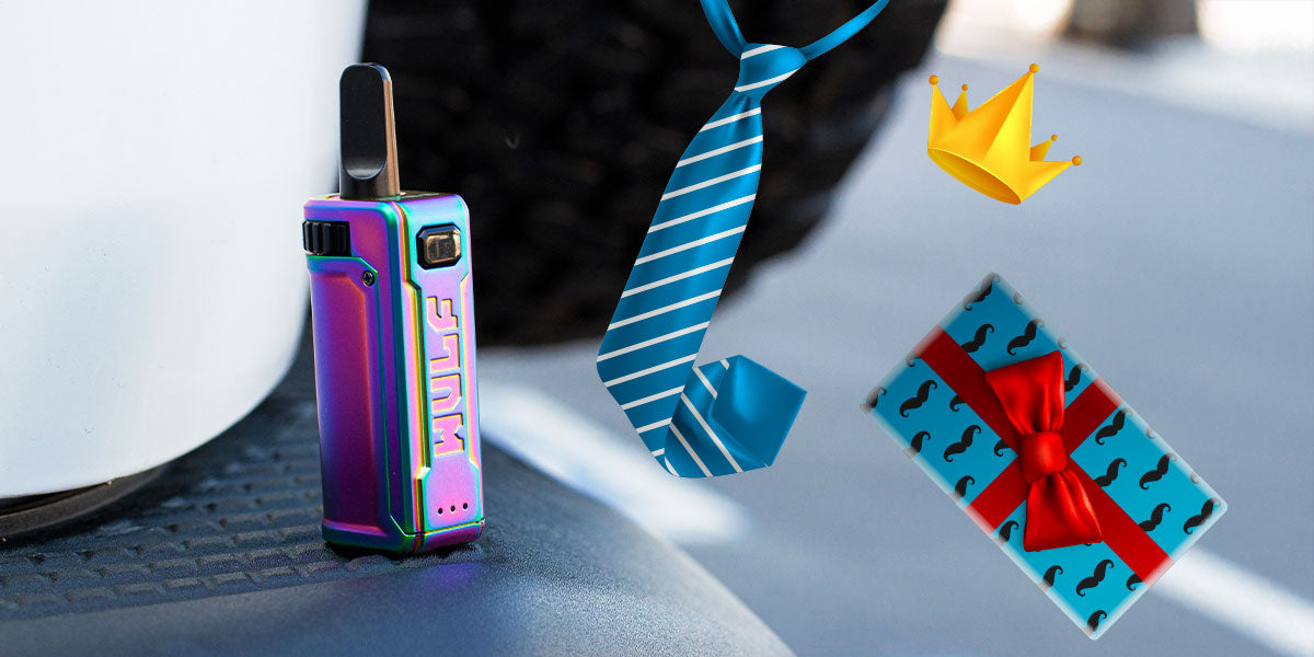Wulf UNI S vape device with a blue tie and gift box on a textured surface