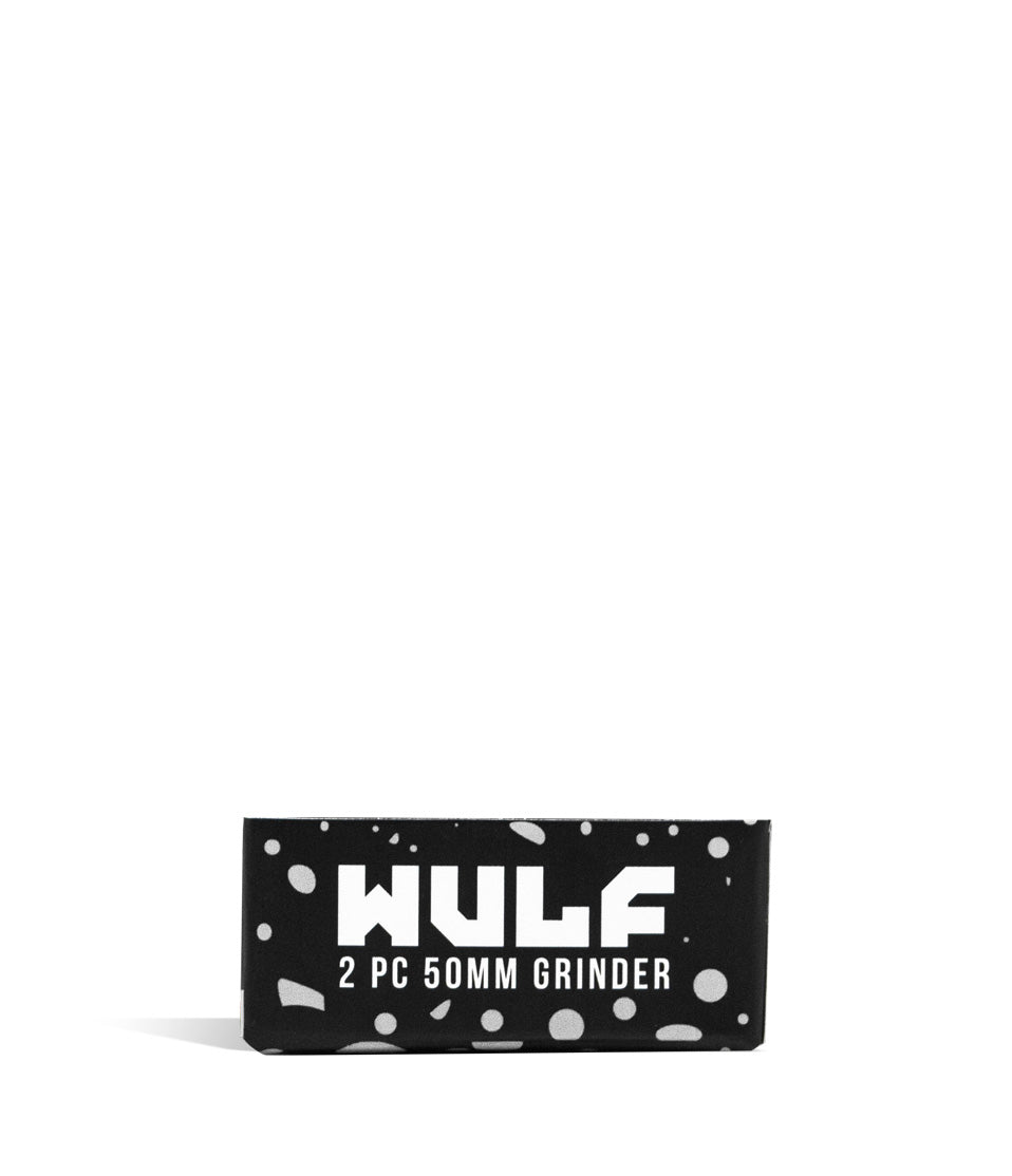 Black White Spatter Wulf Mods 2pc 50mm Spatter Grinder Packaging Front View on White Background