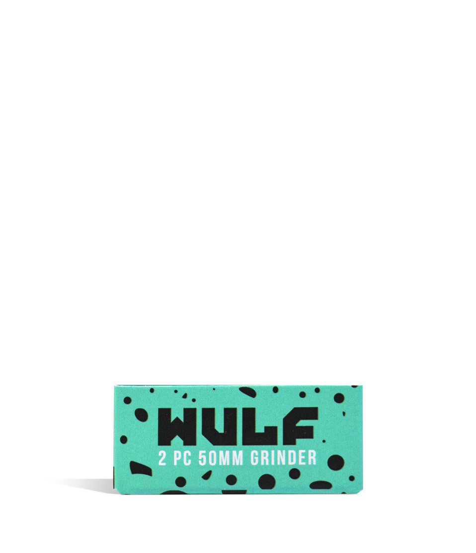 Teal Black Spatter Wulf Mods 2pc 50mm Spatter Grinder Packaging Front View on White Background