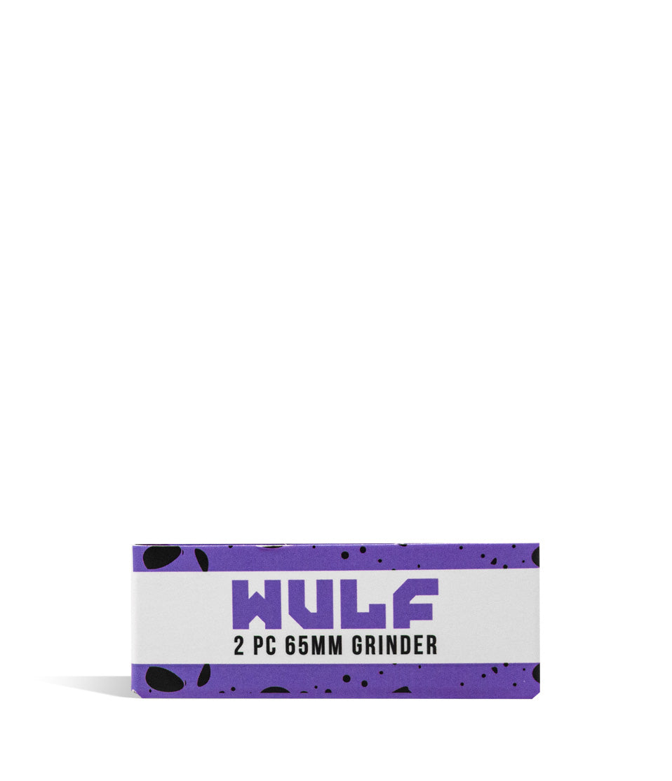 Purple Black Spatter Wulf Mods 2pc 65mm Spatter Grinder Packaging Front View on White Background
