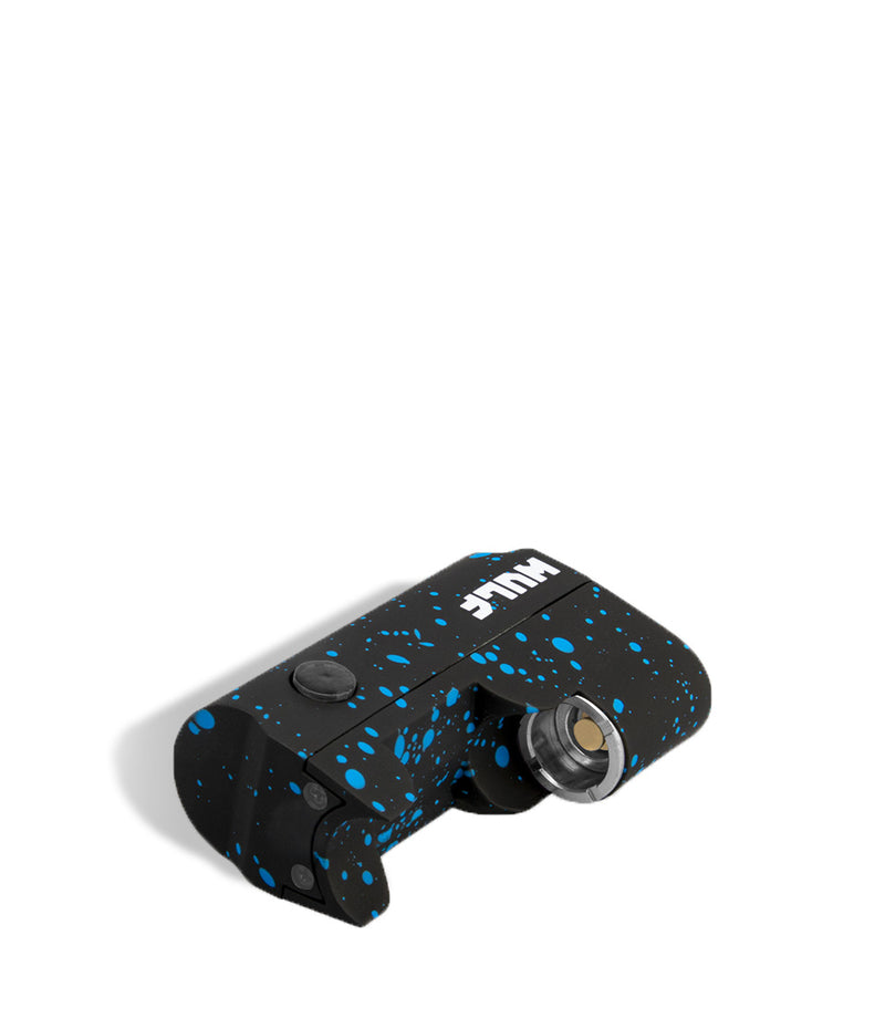 Black Blue Spatter Wulf Mods Micro Plus Cartridge Vaporizer Down View on White Background
