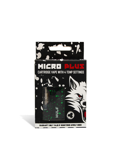 Black Green Spatter Wulf Mods Micro Plus Cartridge Vaporizer Packaging on White Background