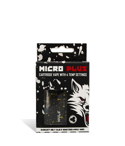 Black Yellow Spatter Wulf Mods Micro Plus Cartridge Vaporizer Packaging on White Background