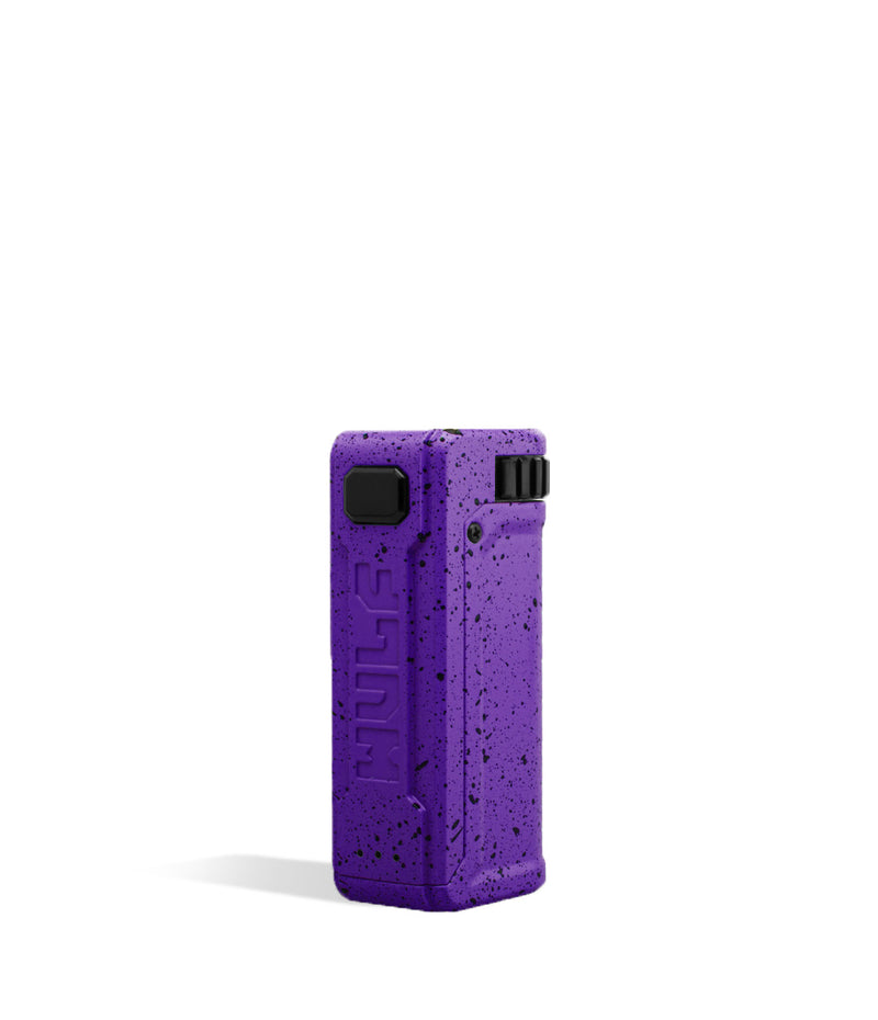 Purple Black Spatter Wulf Mods UNI S Adjustable Cartridge Vaporizer Side View on White Background