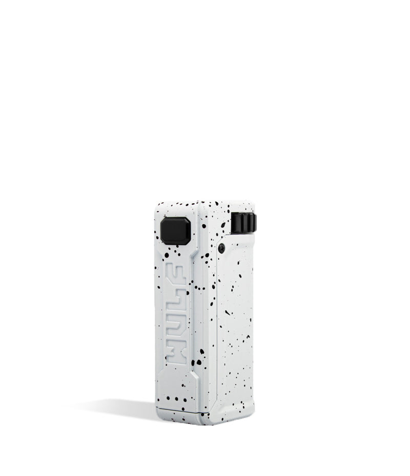 White Black Spatter Wulf Mods UNI S Adjustable Cartridge Vaporizer Side View on White Background