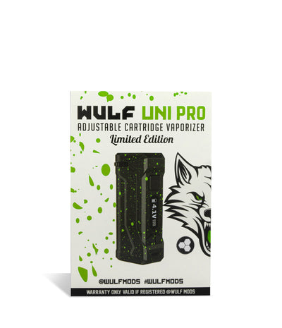 Black Green Spatter Wulf Mods UNI Pro Adjustable Cartridge Vaporizer Packaging on White Background