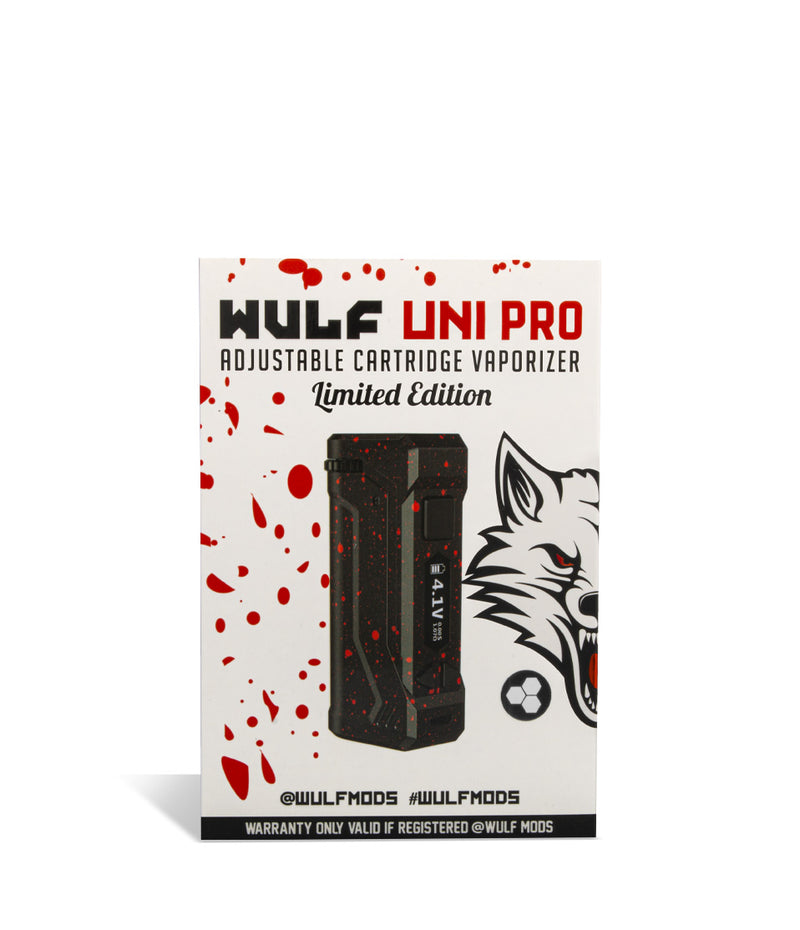 Black Red Spatter Wulf Mods UNI Pro Adjustable Cartridge Vaporizer Packaging on White Background