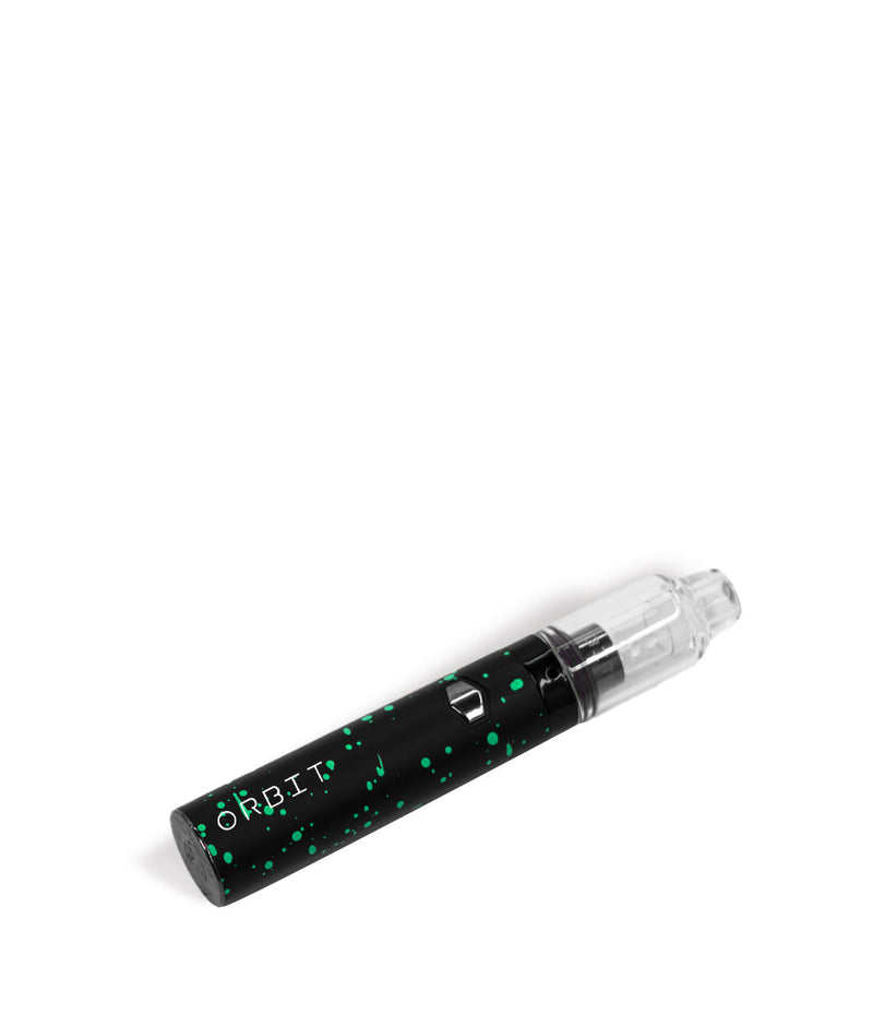 Black Green Spatter laying down Wulf Mods Orbit Concentrate Vaporizer on white studio background